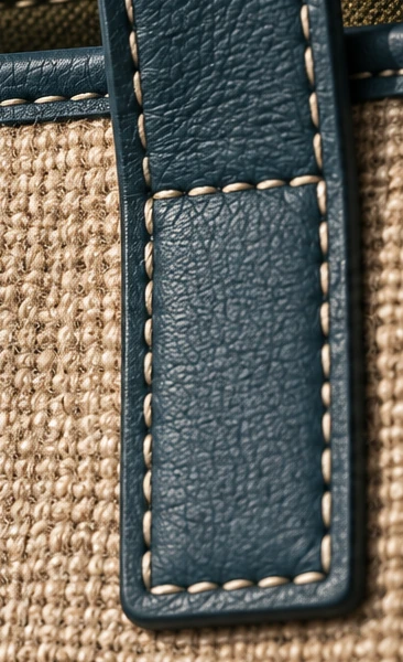 Deep-teal handle meets the upper leather binding. Detail shown in Flax.