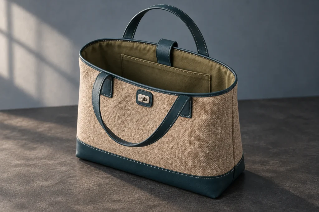 Olive interior and rear slip pocket. Detail shown in Flax.