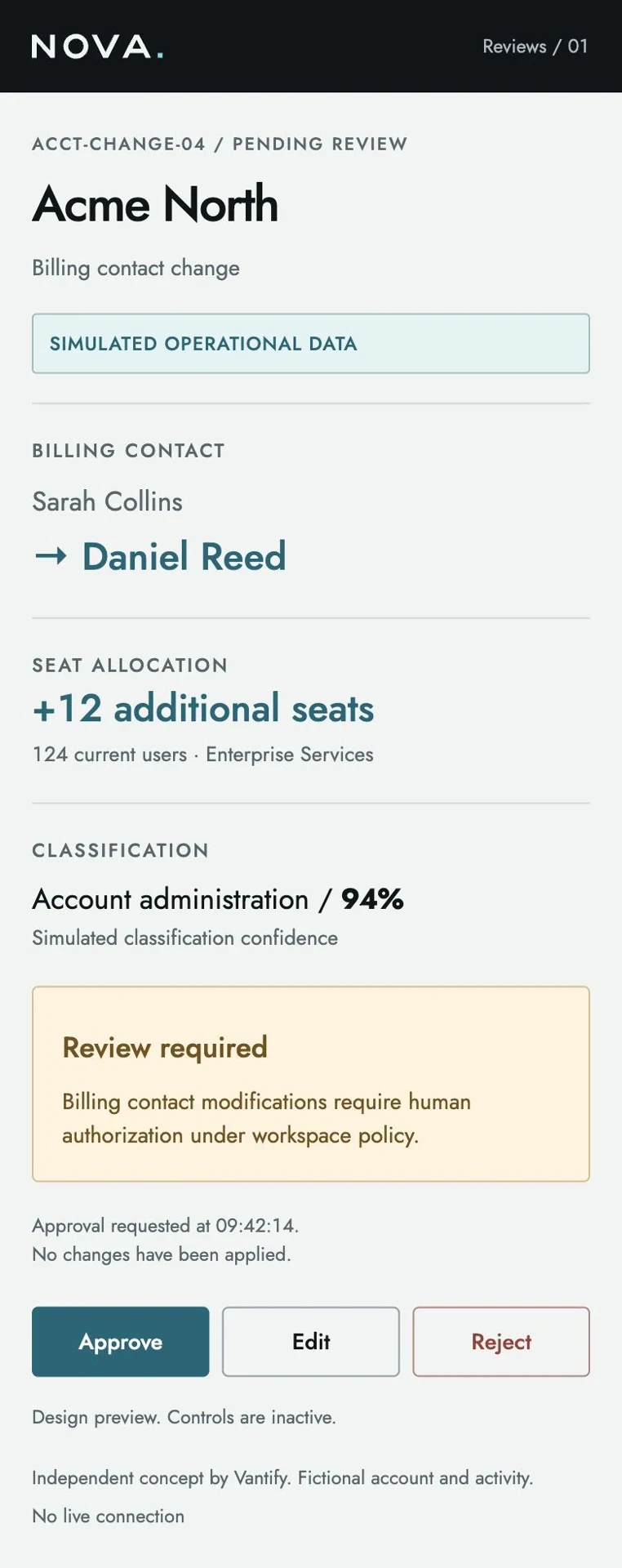 Mobile Review — a focused approval decision. Simulated operational data.