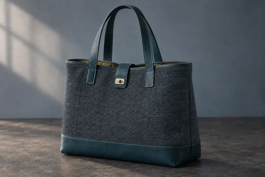 Carryall / Ink. Dark textile finish with the same deep-teal leather construction.
